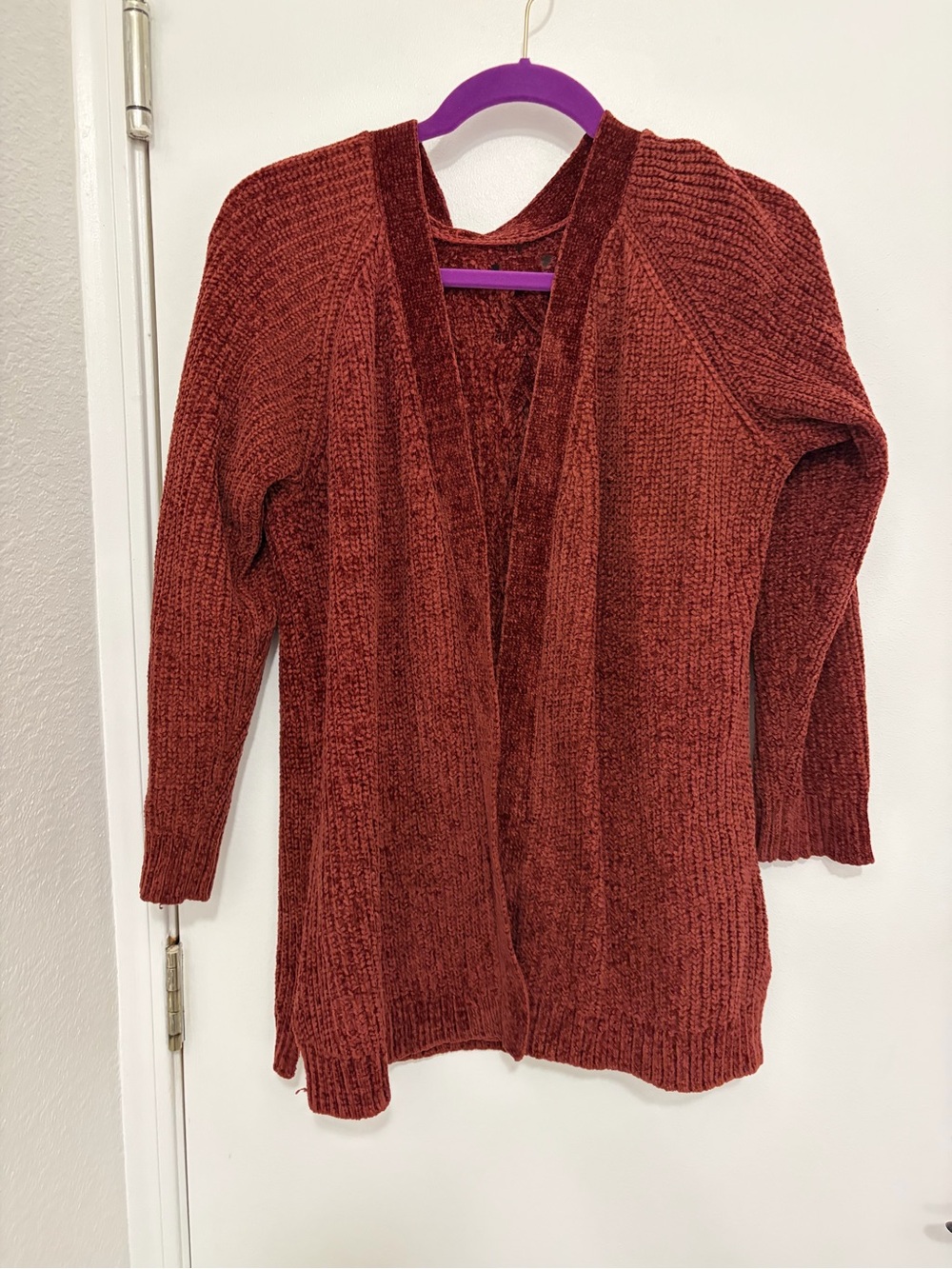 Pink Rose Open-Front Chenille Cardigan - Rusty Red
